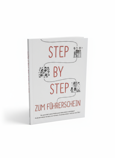 Buchcover mit dem Titel "Step by Step zum Führerschein" in schlichtem Design.